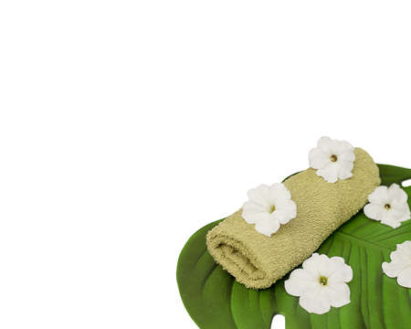 A towel and flowers lie on a green leaf. Spa concept, body care, hand skin Care. Isolated on a white background. Copy the space for the text. Natural cosmetics, beauty treatmentの写真素材