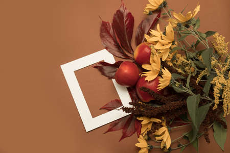 Apples and a bouquet of autumn flowers on a cinnamon background with a white frame. Seasonal concept. Flat flat Top view. Copy space for text. Close - up photoの写真素材