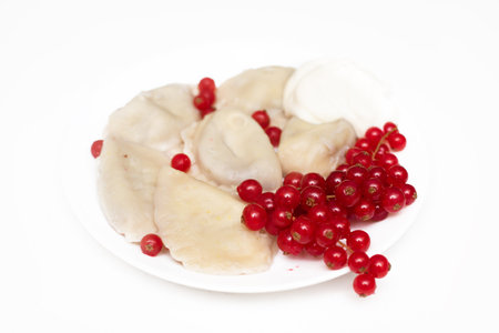 Delicious dumplings with fresh red currants and sour cream, served with sour cream, whipped cream, berries and sugar or sauce. On white plate, on table. Close-up photoの写真素材