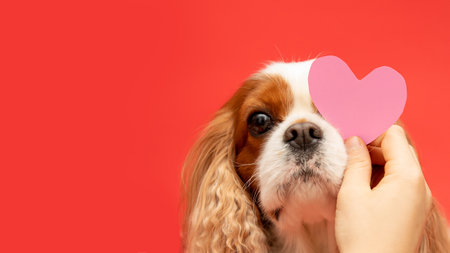 Favorite dog receives avalentines card in form of paper pink heart on red backgroundの写真素材