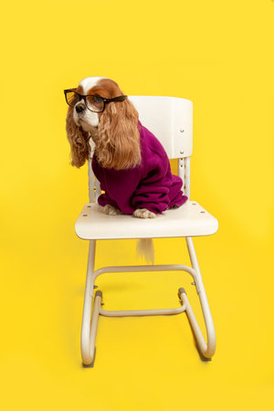 full length portrait of purebred dog with long ears wearing glasses and sweater on yellow background. Cavalier King Charles Spaniel sits on chair in studio and looks away. Copy spaceの写真素材