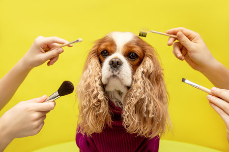 care for dog in four hands in spa beauty grooming salon, Humor cavalier king charles spaniel on yellow background. Close-up portraitの写真素材