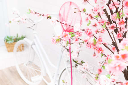 Retro Bicycle with pink net, flowers on background of white house shot from front to back yard. Garden decor in Provence style in studioの写真素材