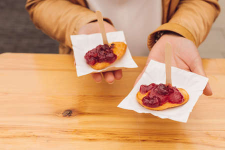 Portion of fried cheese with berry jam promises great pleasure in taste. National cuisine. Rest and travel. Taste and pleasure. Natural food. Recipes and traditions.の写真素材
