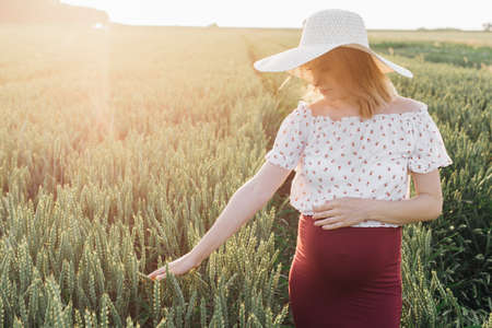 Young pregnant woman while walking in fields strokes tops of grown cereals with her hand. Pregnancy care. Beauty and health. Happiness and serenity. Healthy lifestyle. Products for pregnant women.の写真素材