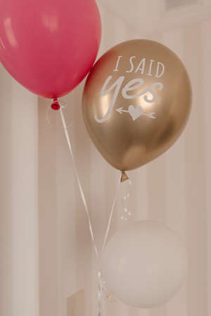 Wedding decor, engagement, helium balloons with inscription she said yes. Holiday and wedding concept.の写真素材