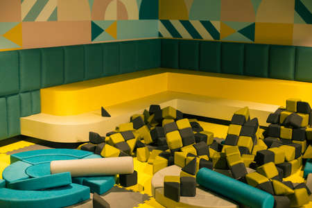 Room with soft cubic shapes in children's entertainment center. Games and entertainment. Development of children. Education and development. Leisure activities.の写真素材