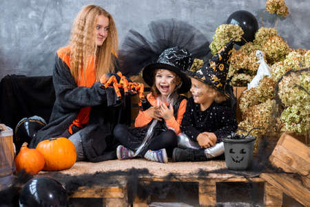 Teenage girl among decor for Halloween holiday with two sisters 4-5 years old have fun on background of black and orange decorations, humor photoの写真素材