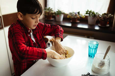 Cute teenage boy in red plaid shirt sits at table and kneads dough for baking cookies in kitchen at home. Hobby. Lifestyle. Age 11 years old.の写真素材