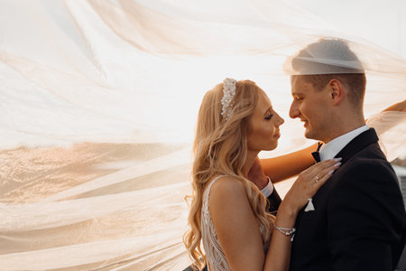 Beautiful bride with her husband in sunset under veil on wedding day, happy couple, Bride and groom...