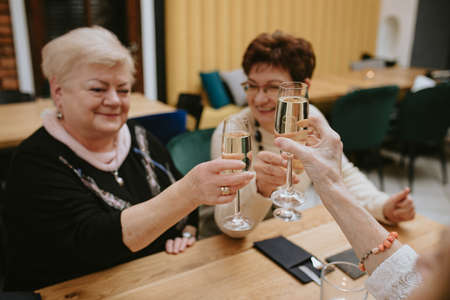 Smiling Senior dark-haired and fair-haired women with makeup dressed in black and white jackets clicking glasses of wine or champagne in cafe celebrating their meeting with friendsの写真素材