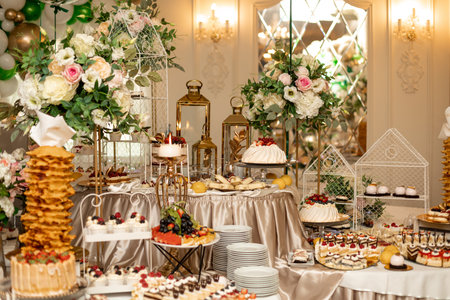 candy bar. Wedding sweet table with cake and various desserts decorated with flowers. Buffet with...