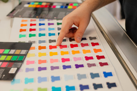 Cropped man hand choosing red sample templates multicolor advertising T-shirts palette film membrane. Textile productionの写真素材