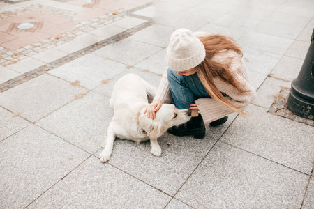 Woman, dog owner petting, hugging and playing with animal golden Labrador retriever on street stone...