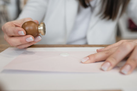 Cropped photo of well-groomed hands of woman making white wax seal with stamp on white postcard envelope on wooden desk.の写真素材