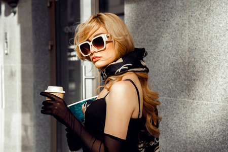 Side view of young pretty woman with long wavy fair hair wearing black dress, long mesh gloves, silk...