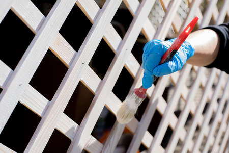 Cropped human hand in glove paint grid wood fence outdoor by brush in white color. Hobby active lifestyle, renovationの写真素材
