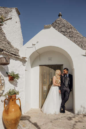 Vertical portrait of glad and cheerful romantic married couple, blond woman and bearded man near old house, honeymoonの写真素材
