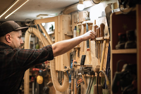 Side view of carpenter, professional businessman holding and putting joinery equipment tools in special frame shelf wallの写真素材