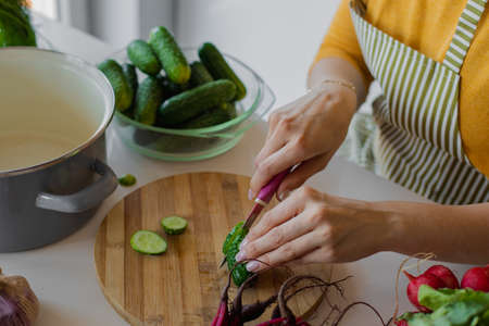 Unrecognizable female hands chopping aromatic cucumbers for mixed vitamin salad. Homemade healthy...