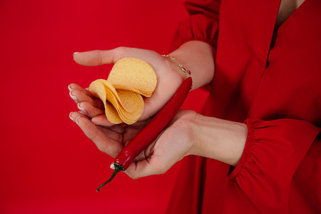 Female hands holding Potato chips with chili peppers on red background. spicy food, unrecognizable personの写真素材