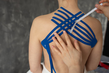 Unrecognizable cropped doctor, physiotherapist hand apply kinesio tapes on back muscles. Kinesiology therapy treatmentの写真素材