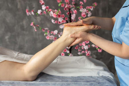 Cropped photo of masseuse wearing blue uniform, massaging feet of woman lying on couch near cherry tree in spa salon.の写真素材