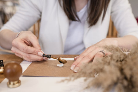 Close-up of hands of unrecognizable woman pouring liquid white wax seal with spoon on brown greeting...