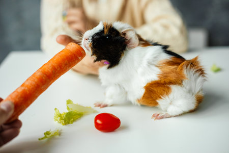 Cropped hand playing and feeding small spotty white, brown, black guinea pig sitting on table. Good nutrition, pet dietの写真素材