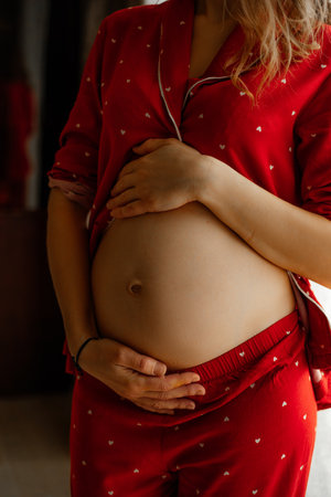 Cropped photo of pregnant woman standing at home showing caressing touching naked belly with hands...