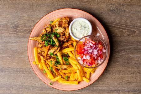 French fries, white garlic sauce, vegetable salad bowl on pink plate. Fresh appetizing, yummy, tasty plate of fast foodの写真素材