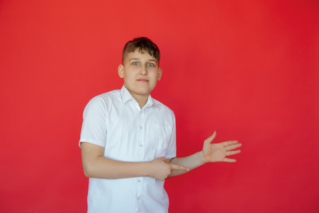 Teenage boy in white short-sleeved shirt with concentrated expression on his face points to something to his left.の写真素材