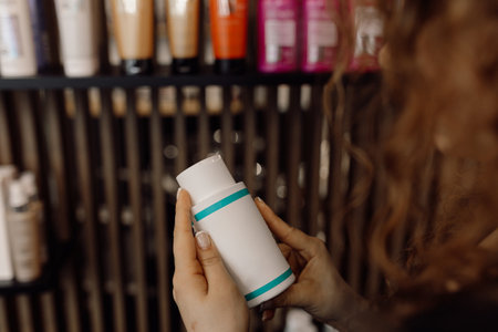 Cropped photo of woman hairdresser colorist holding white plastic bottle with hair color shampoo mask in beauty salon.の写真素材