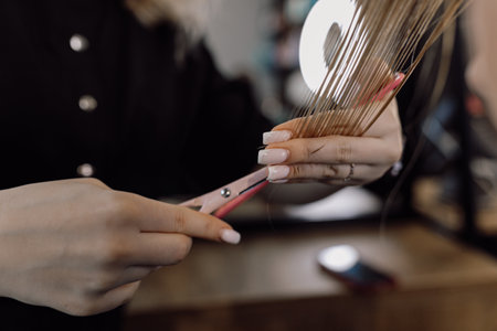 Cropped photo of woman hairdresser making hairstyle cutting ends of long dark hair, holding scissors pink barber comb.の写真素材