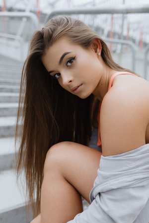 Portrait. Beautiful girl with perfect fresh clean skin. Beauty woman face. Youth and skin care.の写真素材