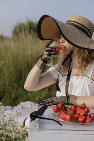 Enjoying taste. Lovely blonde in elegant hat enjoys champagne with strawberries on summer in nature.の写真素材