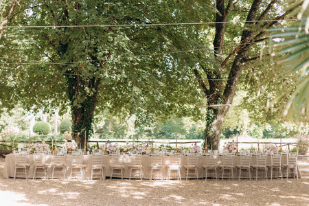 Long wedding table in natural colors with bouquets of flowers in old garden under tall trees.の写真素材
