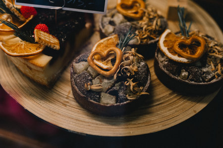 Close-up of chocolate desserts, candy bar. Custom-made confectionery for weddings, holidays.の写真素材