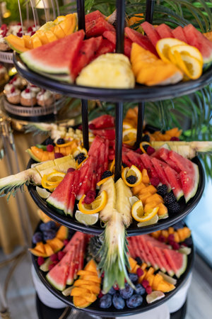 Fruit light snacks. Variety of fresh organically pure fruits on buffet table at festive event.の写真素材