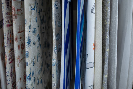 Sewing of home textiles. Fabric store, department in supermarket. Natural fabrics for children.