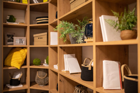 Open furniture shelves in living room, office are filled with various things. Order in house.の写真素材