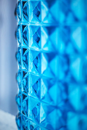 Bright blue glass wall unit. Design element. Image for layout, postcard background. Abstract image.の写真素材