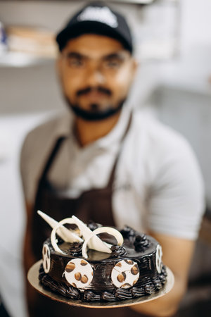 Chef displays a beautifully decorated chocolate cake in the kitchen with artistic finesseの写真素材