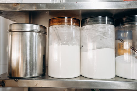 Kitchen Shelf with Containers of Flour and Sugar in Transparent Jars and Metal Canisters