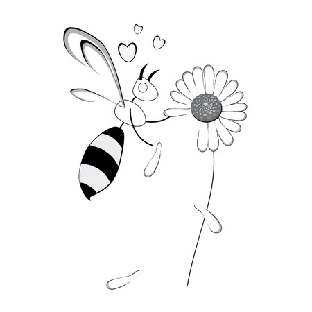 bee who takes away the petals from a daisy flower, isolated on white background,のイラスト素材