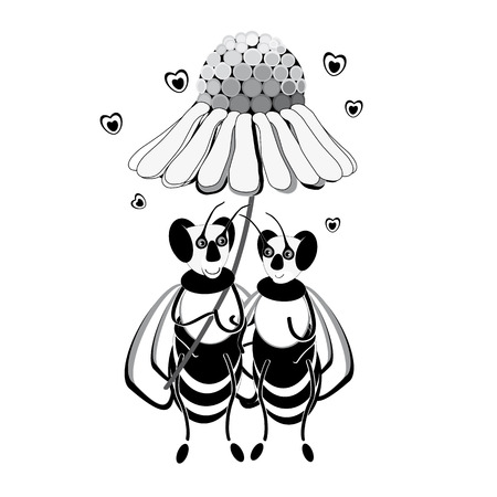 two bees take shelter under a daisy, isolated on white backgroundのイラスト素材
