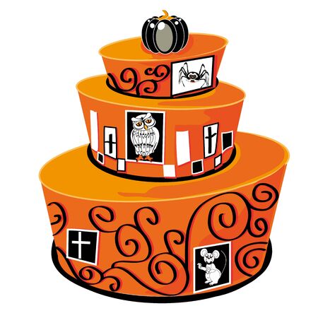 three-layer cake halloween orange, illustrated and decorated with spirals and animals, a mouse, a spider and an owl, the last layer is laid a small pumpkin black, isolated on white backgroundのイラスト素材