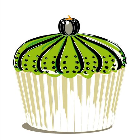 halloween cupcake covered with green icing and decorated with a small pumpkin black, illustrated and isolated on white backgroundのイラスト素材
