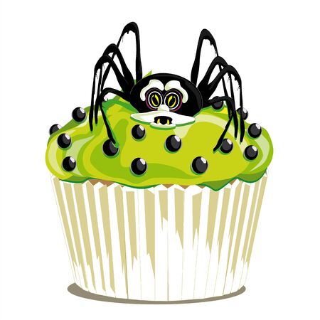 halloween cupcake covered with green icing and deorato with a black spider and sprinkles blacks, illustrated and isolated on white backgroundのイラスト素材