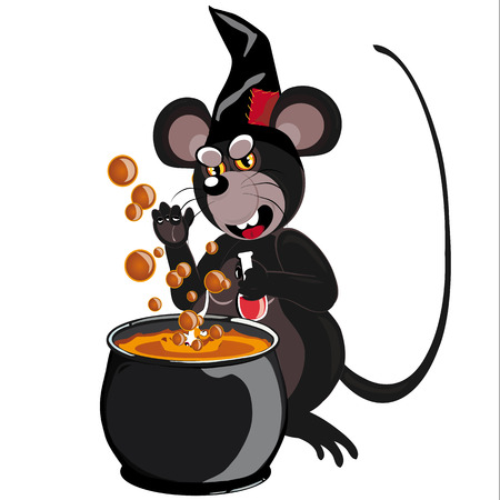 mouse with wizard hat, prepares a potion in front of a cauldron, illustrated and isolated on white backgroundのイラスト素材